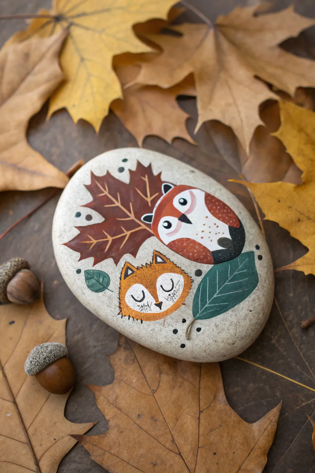 Cozy woodland rock art: one hand-painted stone with fox, owl, and hedgehog in fall hues