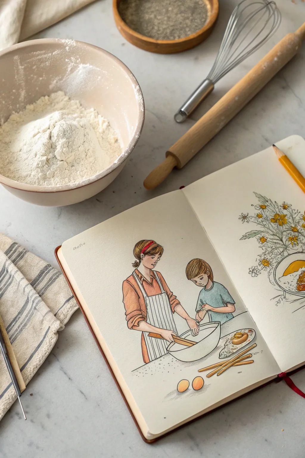 Candid kitchen family sketch inspiration with warm lines, flour dust, and bold minimalist color