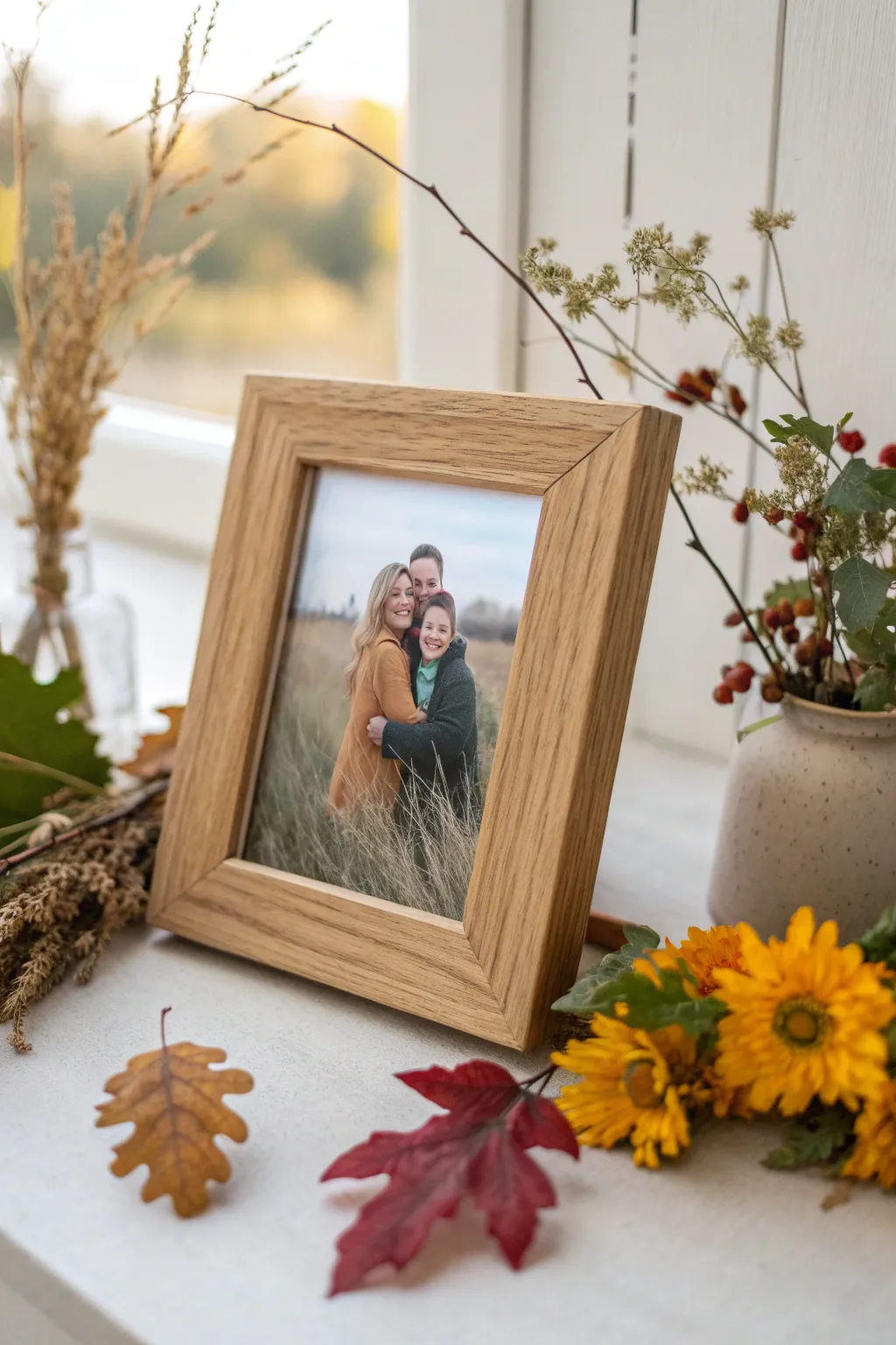 Seasonal foliage turns a simple oak frame into a cozy fall or fresh spring family portrait moment.