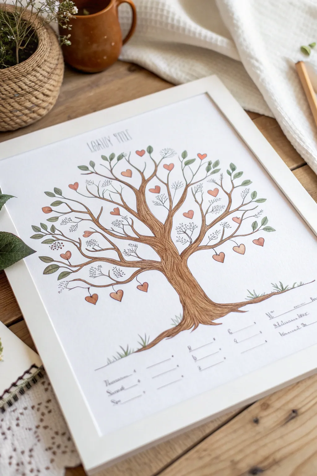 Heart-leaf family tree illustration, a sweet minimalist keepsake with cozy boho color