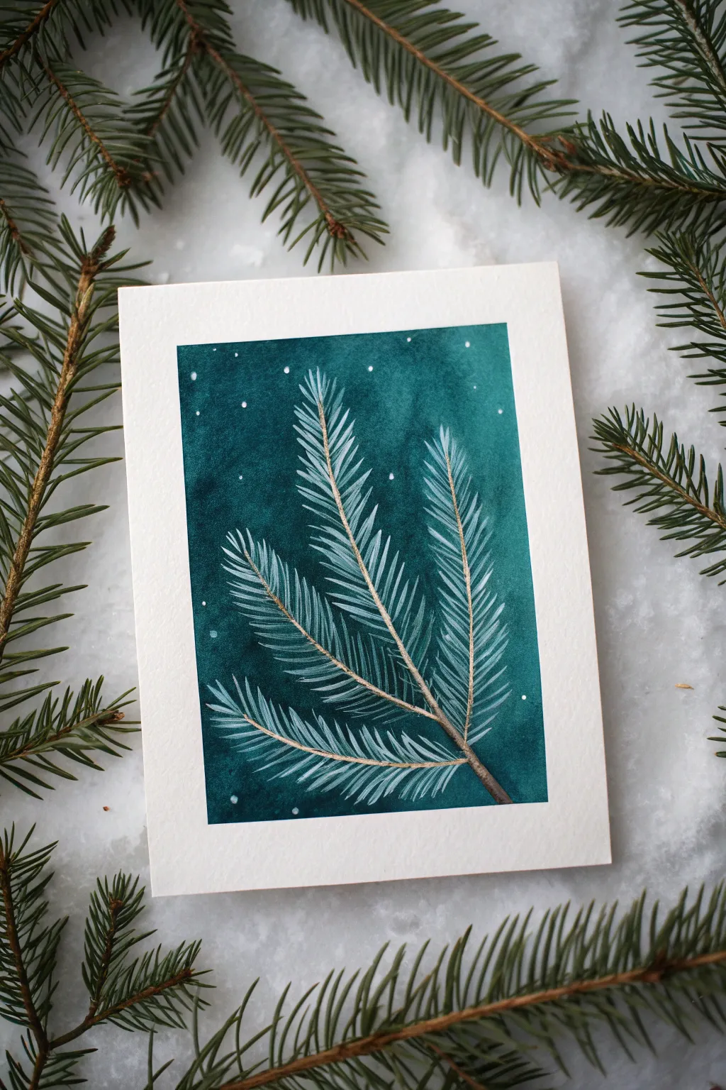 Snowy evergreen highlights with a fan brush: uneven white texture over deep, moody greens