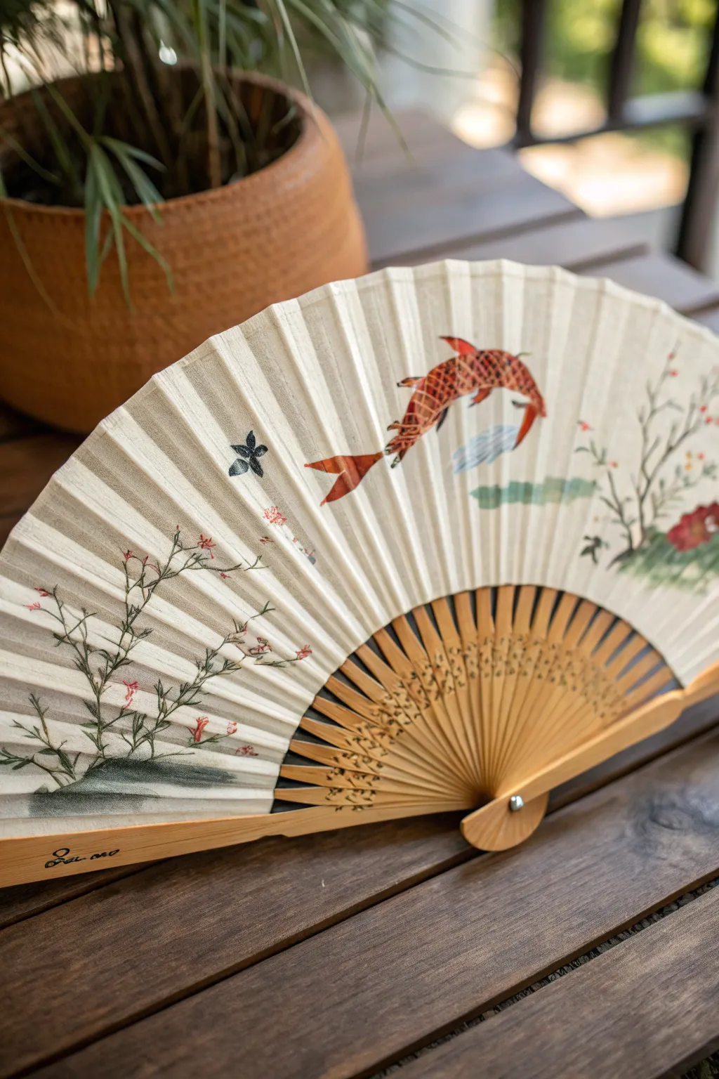 Koi fan painting idea: align fish across the ribs so they look like they swim as it opens