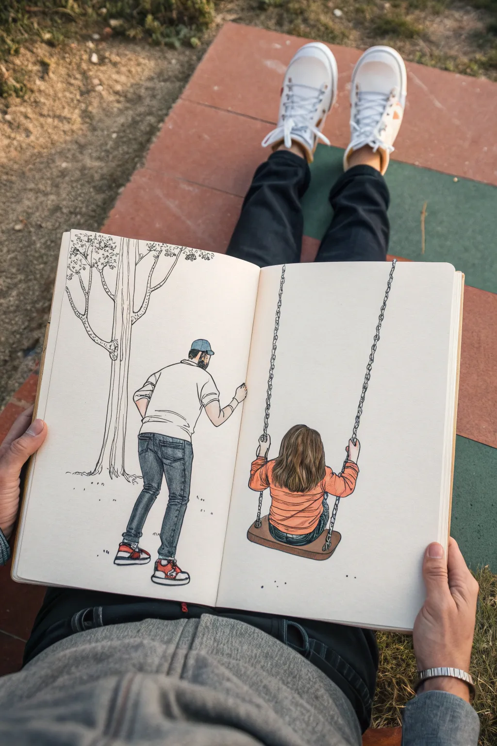 Minimalist sketch idea: dad pushing daughter on a swing, bold colors and sweet motion.