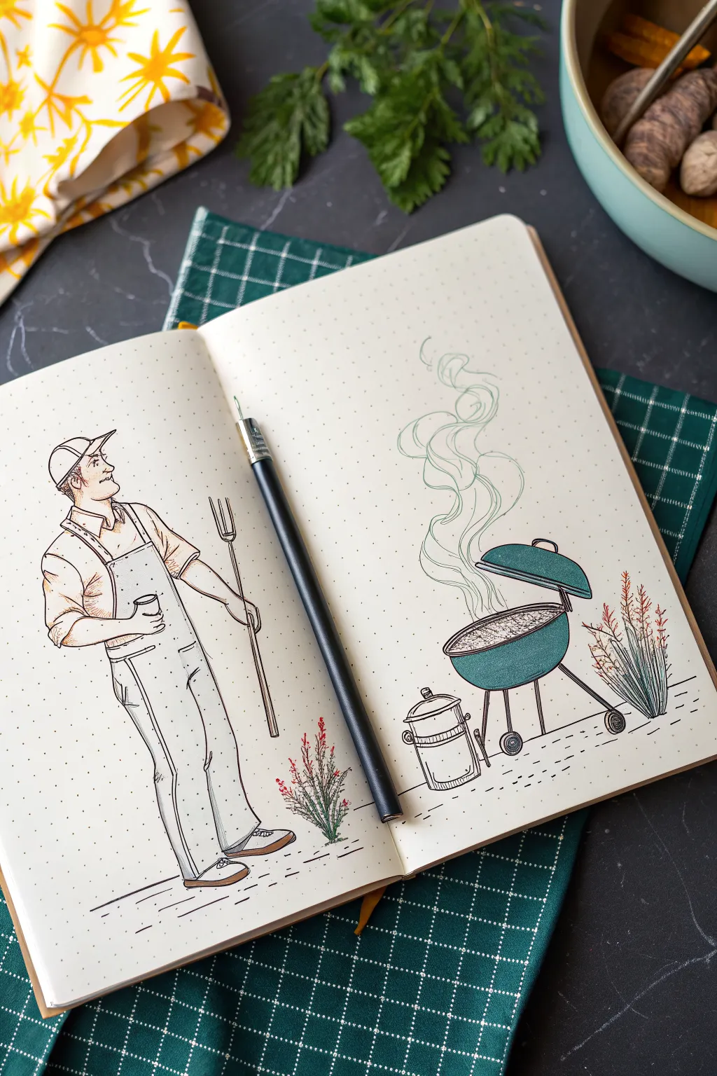 Easy Father’s Day drawing idea: cozy grill master dad sketch with simple lines and bold color accents