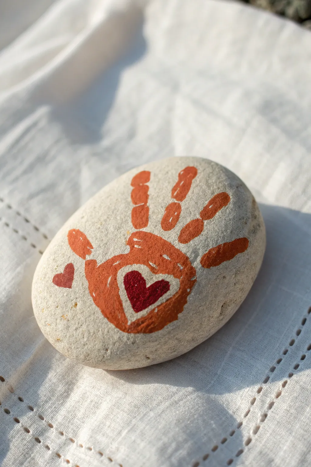 Sweet Fathers Day craft: handprint heart rock painting idea that kids can make for Dad