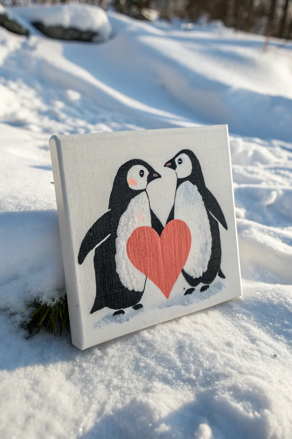 Minimal penguin couple with bright paper hearts, a bold and cozy February paint-and-sip idea