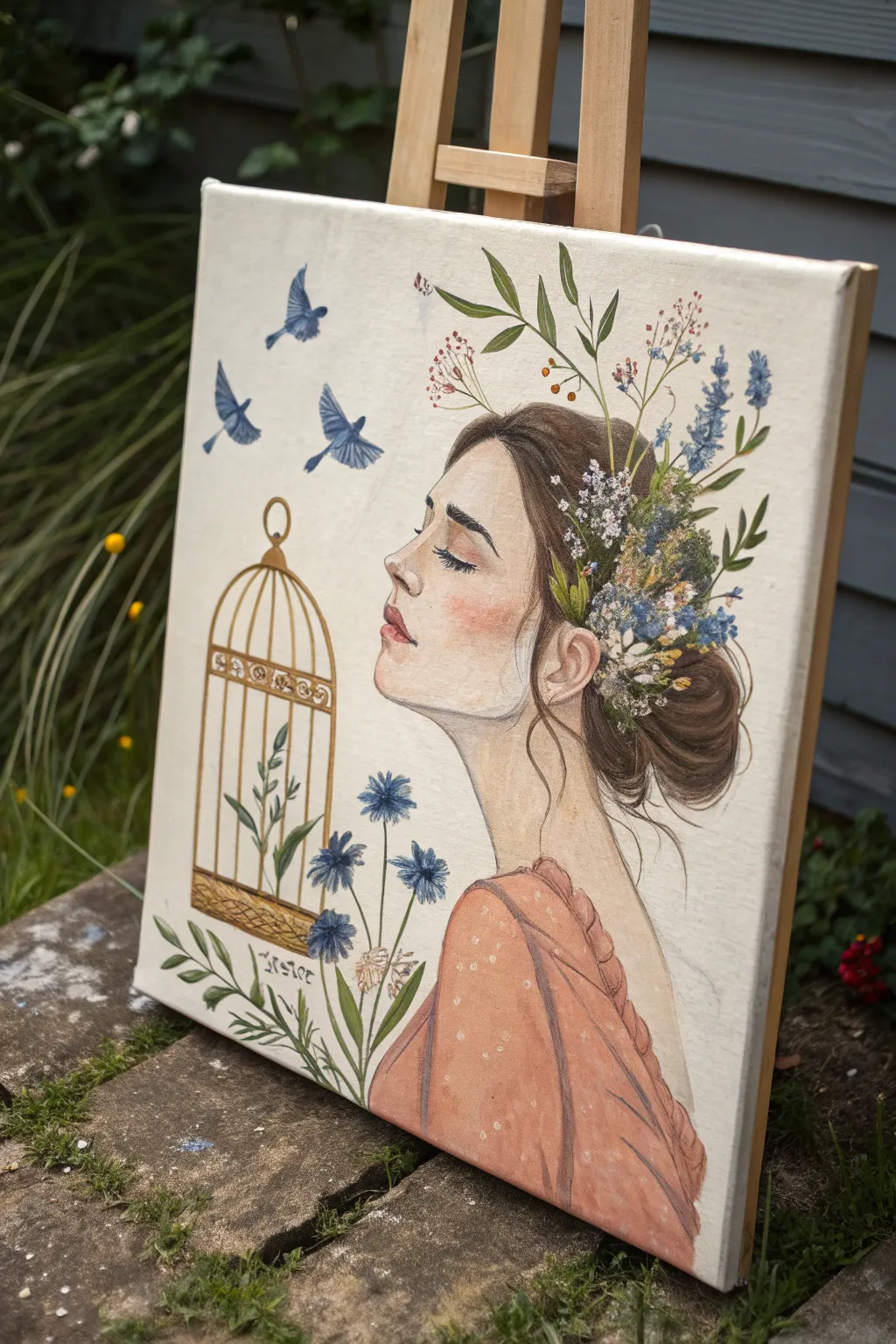 Birdcage head, open door: a bold feminist painting idea capturing freedom in one striking image.