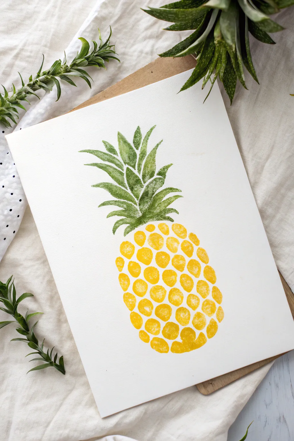 Simple fingerprint pineapple for toddlers, bold yellow and green on clean white for easy crafting.