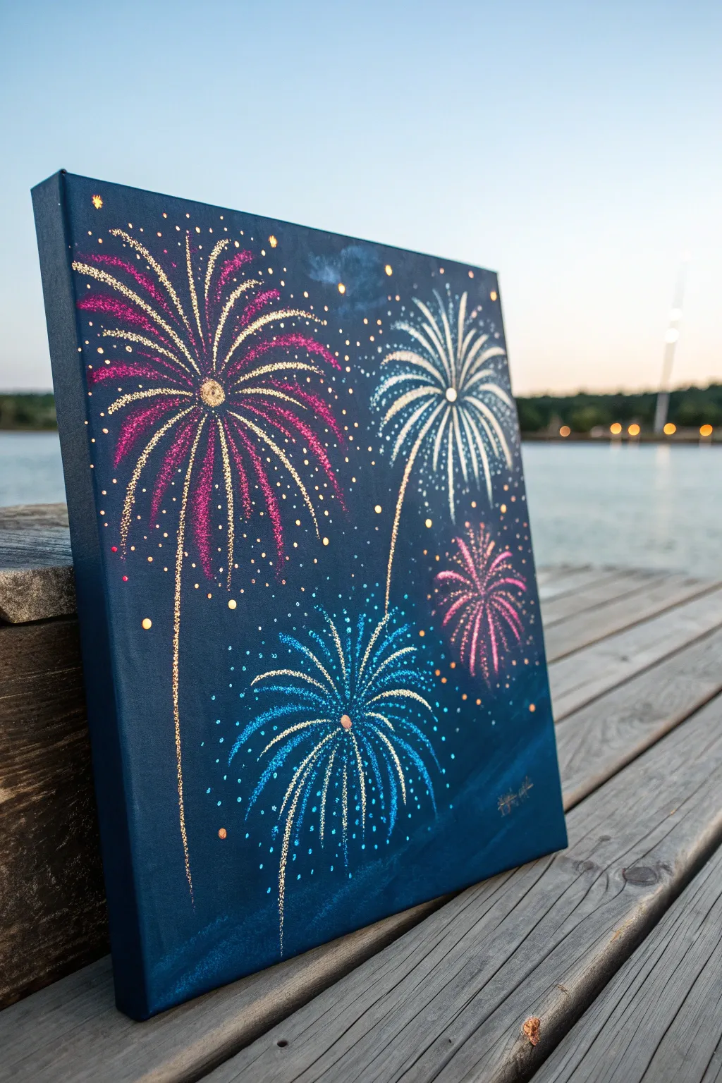 Metallic highlights turn a dark-sky fireworks painting into a glowing, minimalist showpiece.