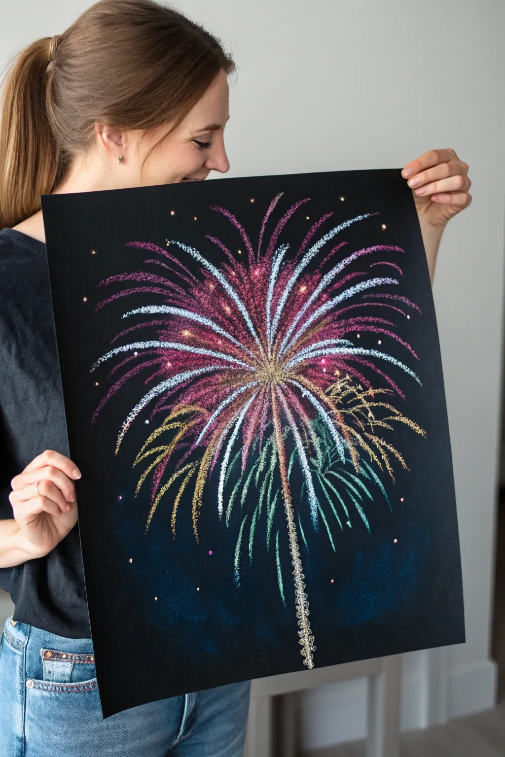 Salt-textured firework trails that sparkle with watercolor against a deep dark night sky