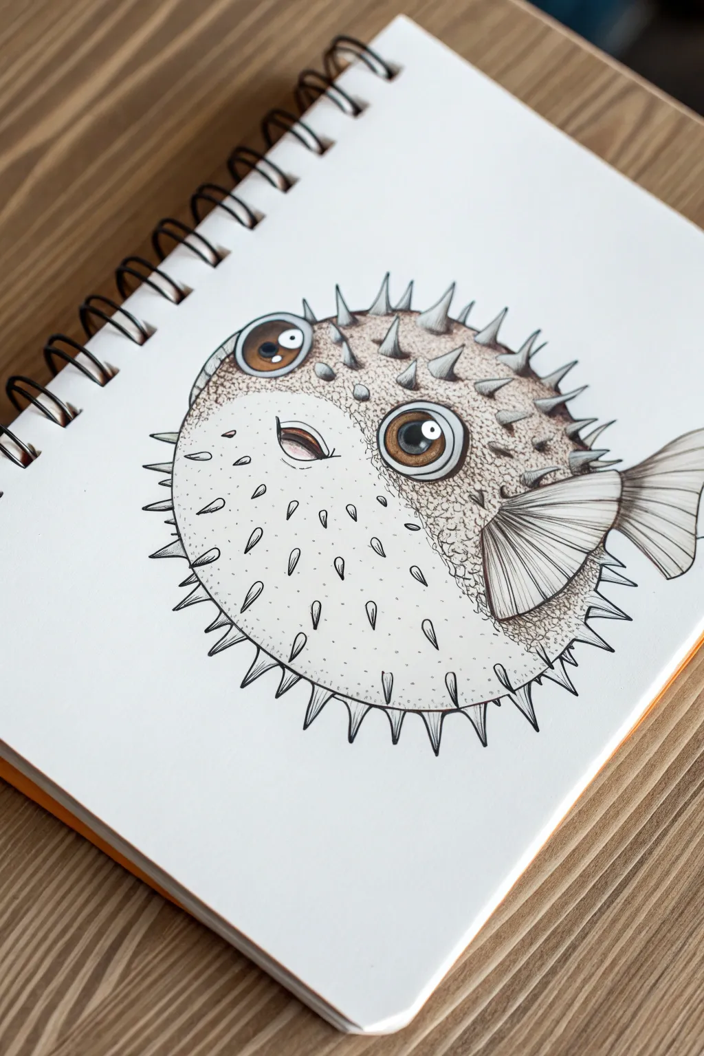 Round, spiky pufferfish sketch idea with sphere shading and bold boho-meets-minimal color.
