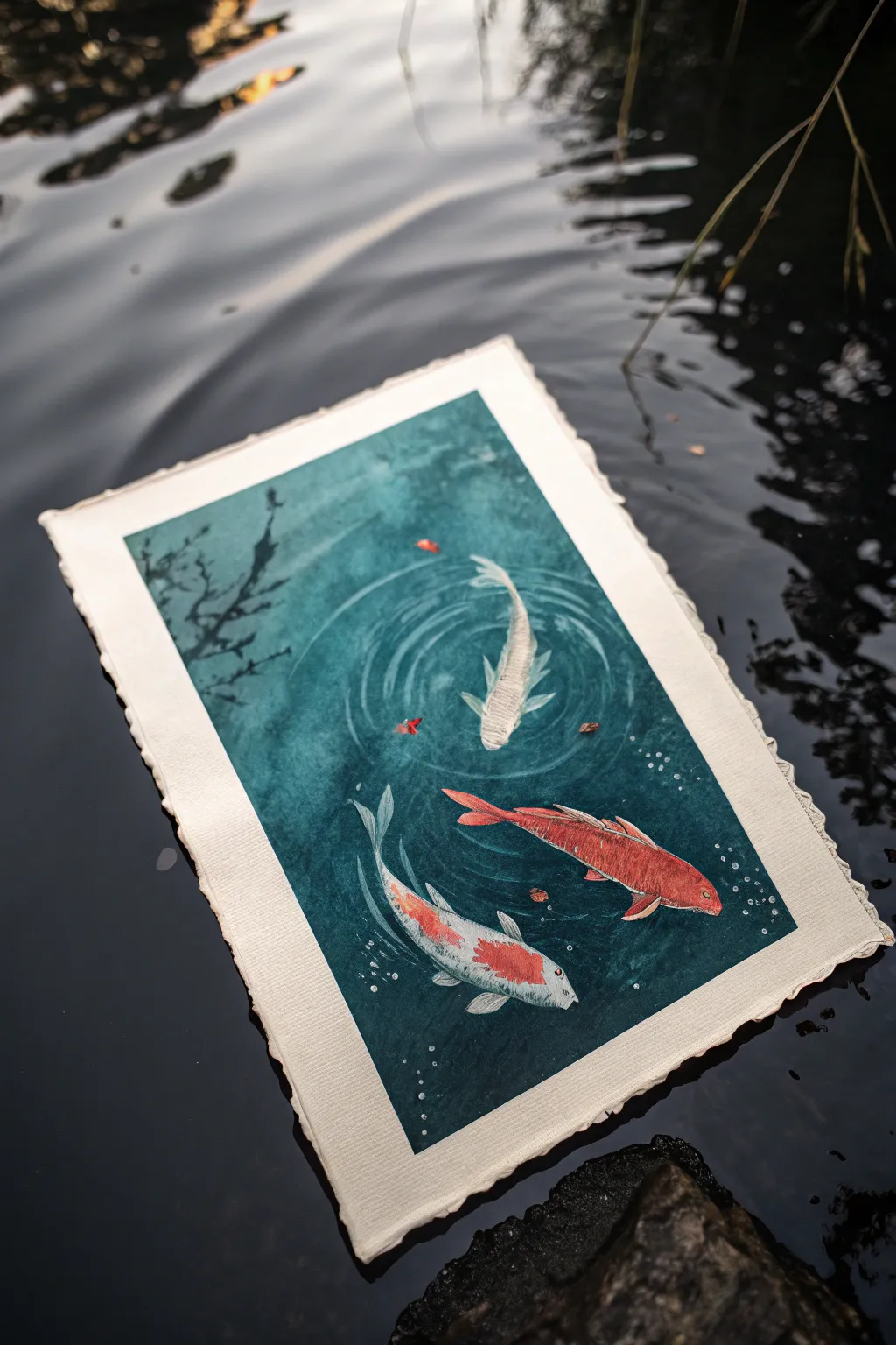 Moody top-down fish silhouettes gliding under near-black water, minimal yet striking.