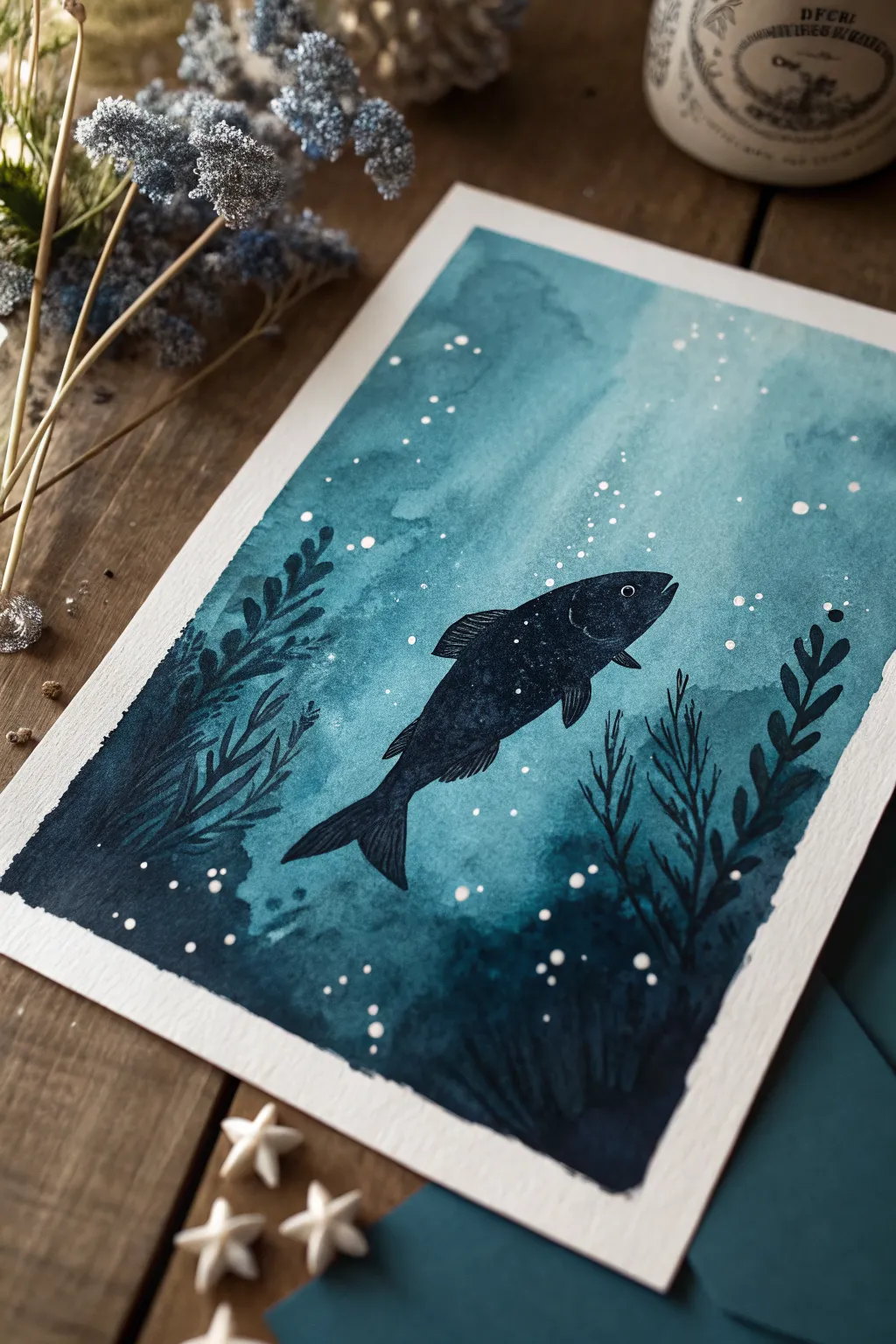 Moody inky fish silhouettes drift through deep blues for minimalist underwater painting ideas
