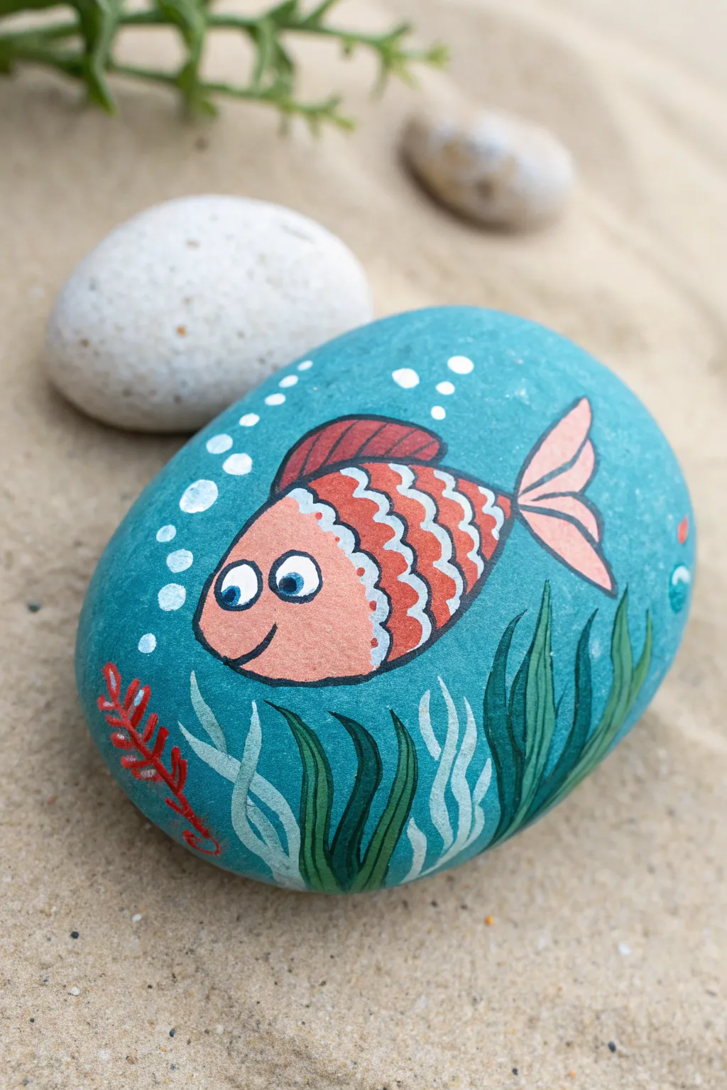 Minimal fish rock with bubble trail and seaweed border, a simple underwater frame to copy.