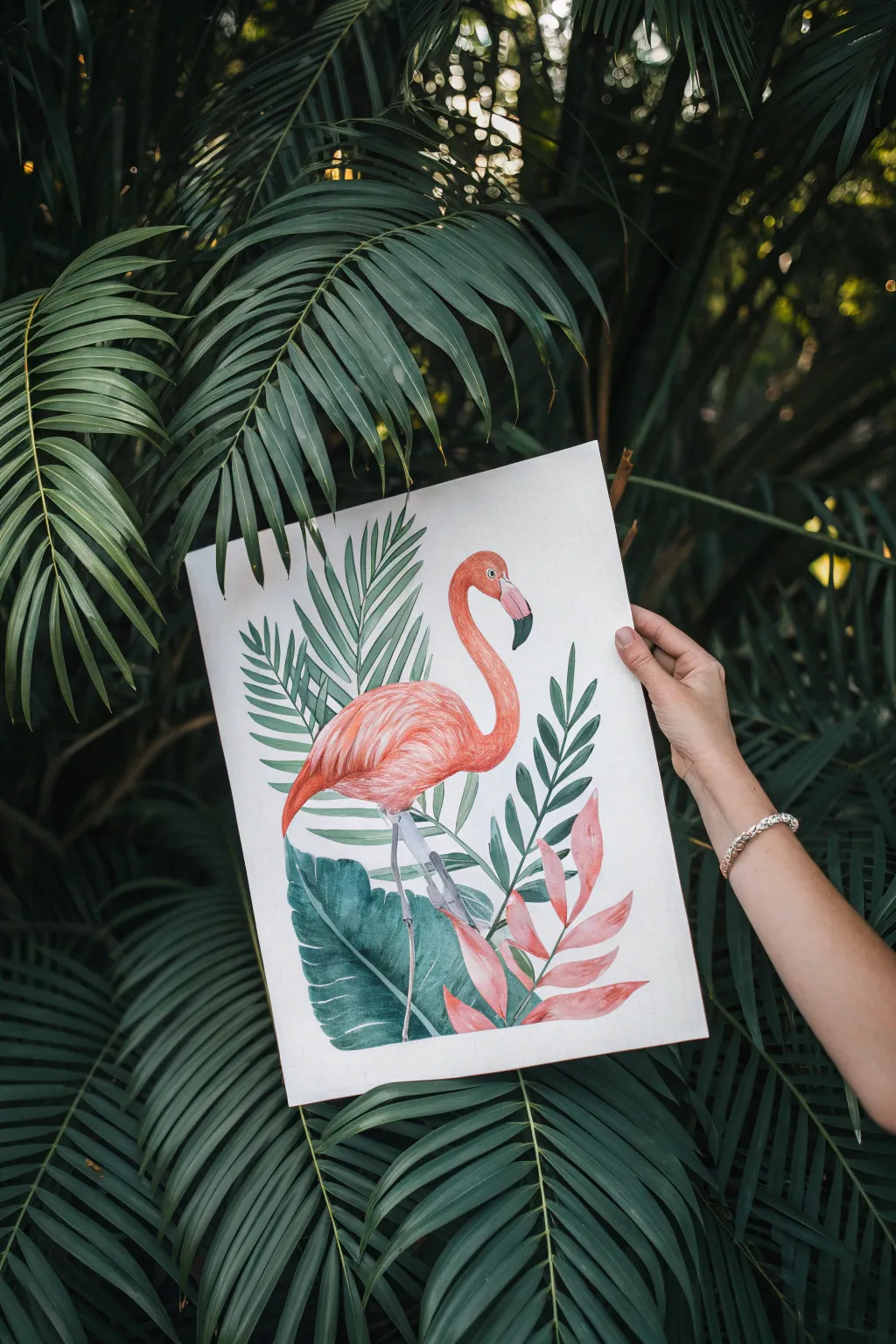 Bold coral flamingo peeks through teal jungle leaves for a chic minimalist-boho painting idea