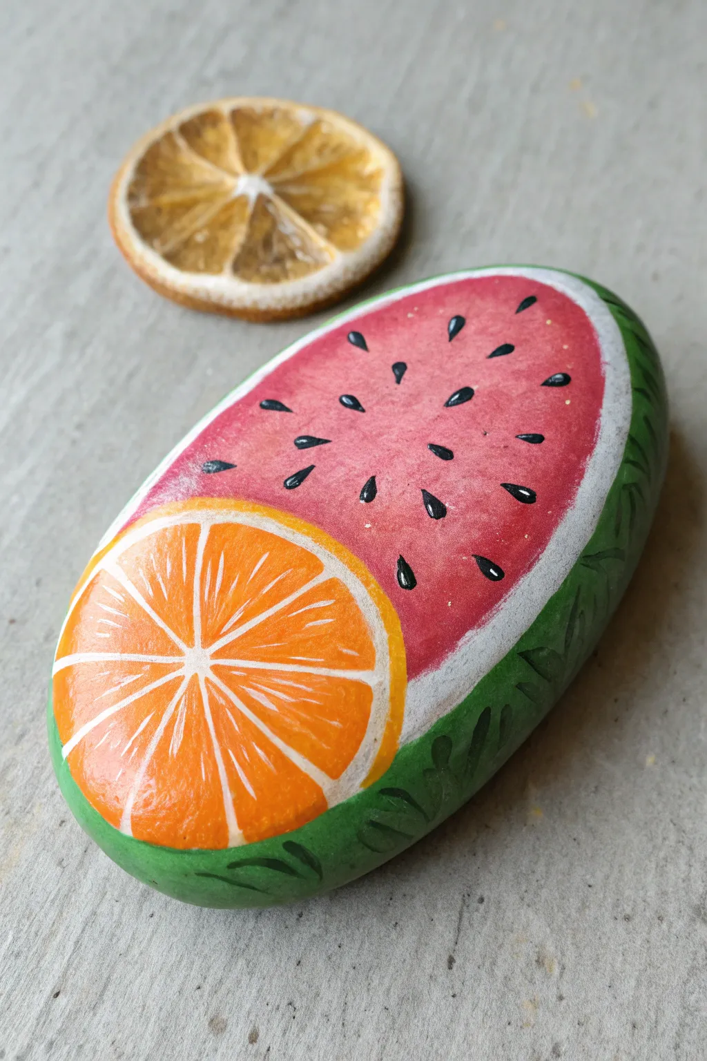 Flat rock painted as a bold watermelon and citrus slice illusion on soft linen, crisp and bright.