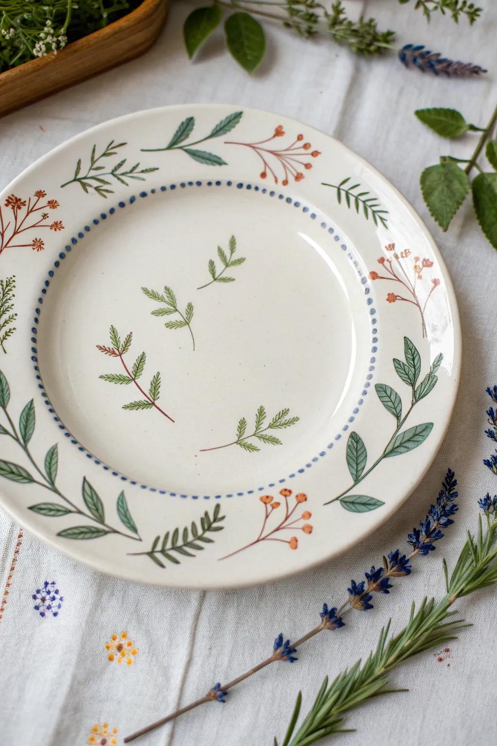 Herb garden florals around the rim with subtle name labels for minimalist plate painting inspo