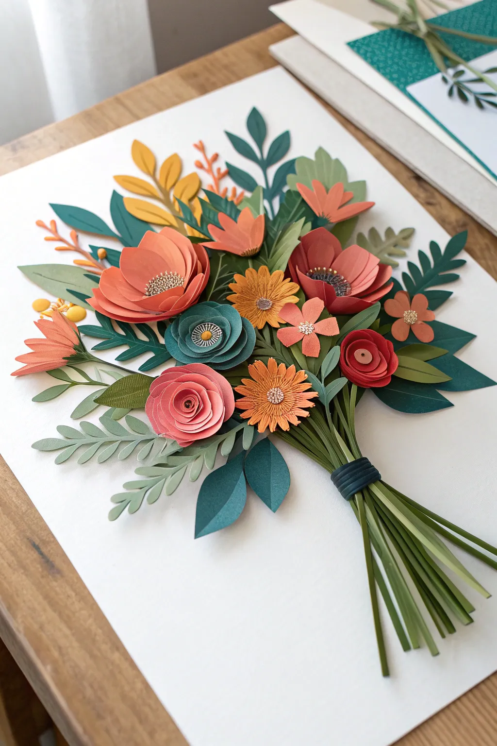 Bold layered paper bouquet with overlapping shapes, Scandinavian minimal flat lay and boho craft feel