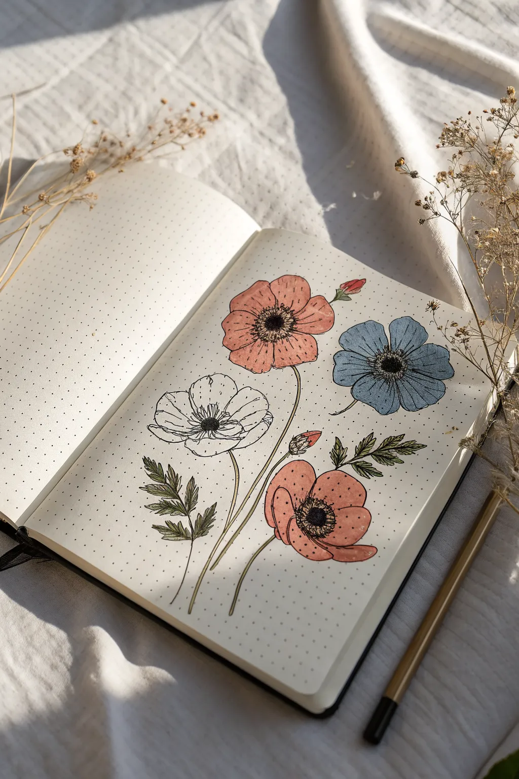 Bold-center anemone doodles in minimalist boho palette for easy flower sketching