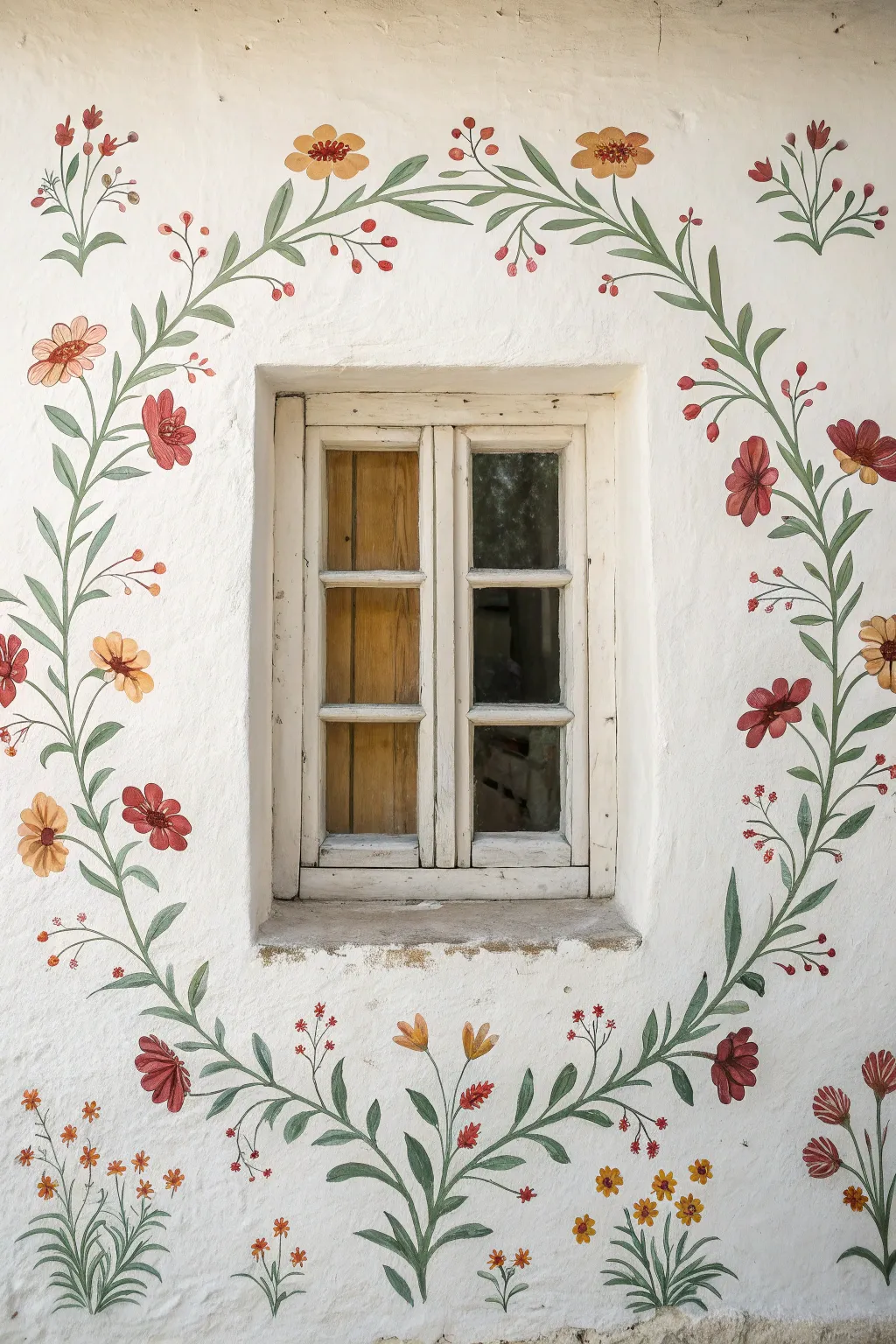 Painted flower garland mural framing a window for a clean Scandinavian look with boho charm
