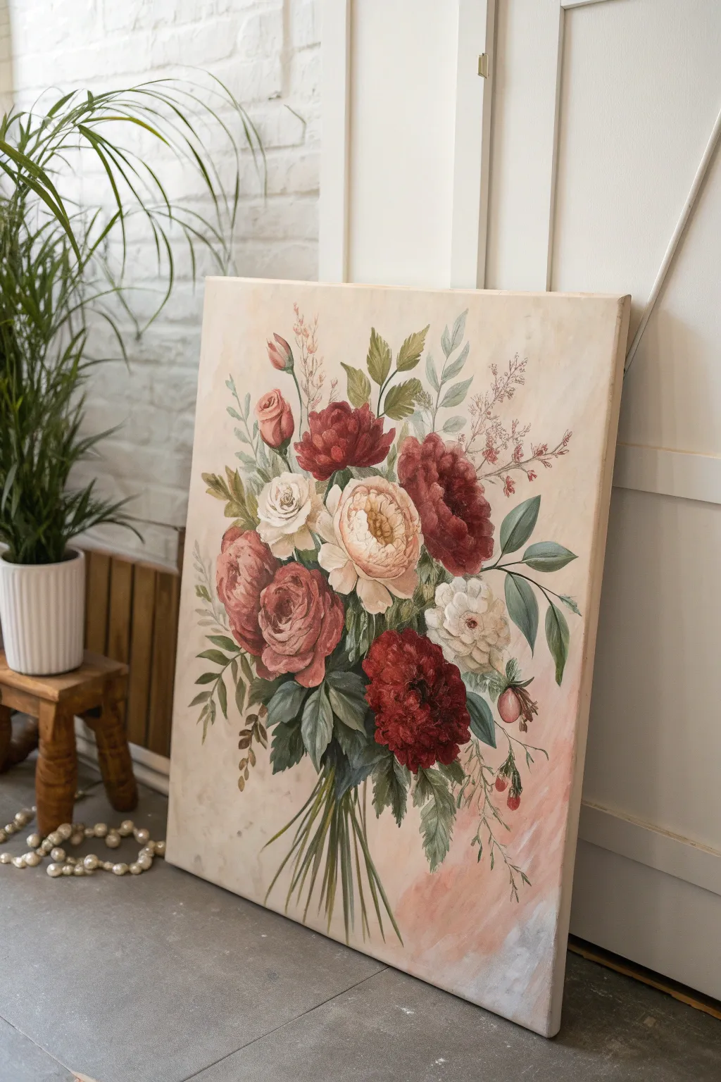 Limited-palette flower oil painting in warm reds and muted greens for instant harmony.
