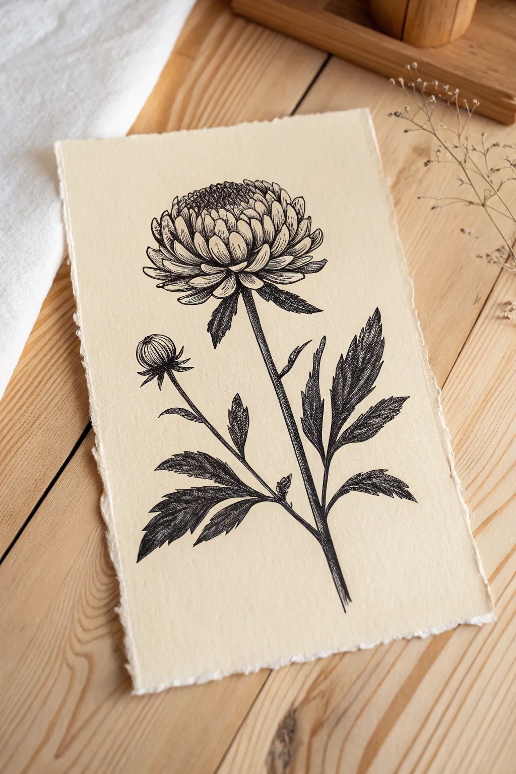 Monochrome flower print on warm textured paper, bold black lines for modern minimal style.
