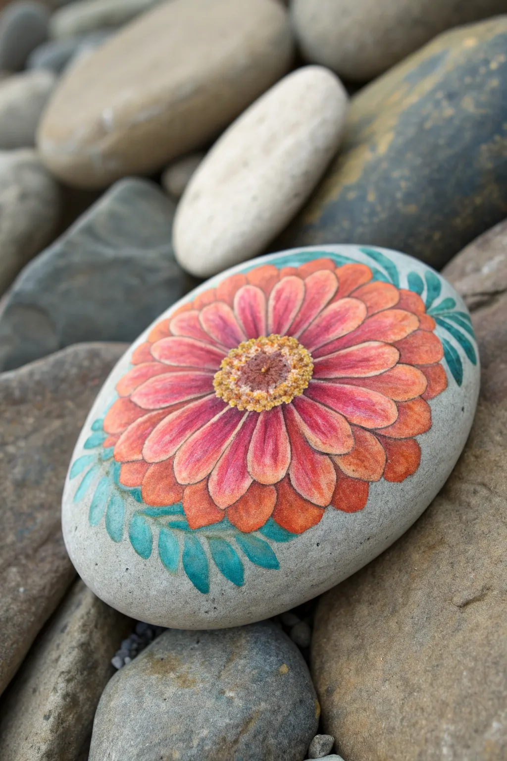 Layered spiral zinnia petals on a painted rock, bold colors on a calm minimalist backdrop.