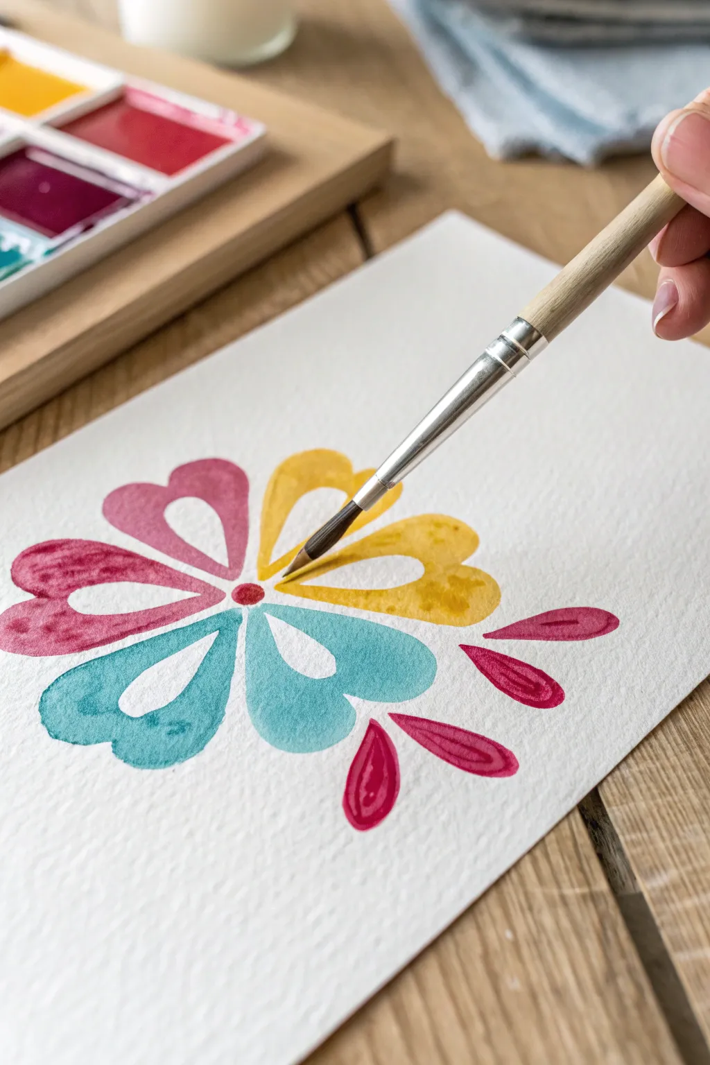 String pull floral burst in motion, bold paint petals spreading from a glossy center puddle