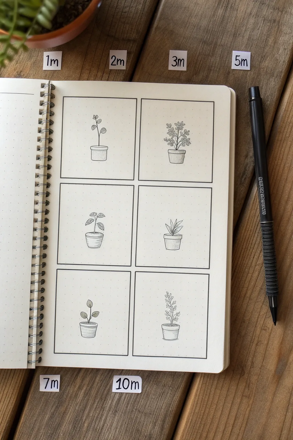 Timed micro-sketch grid: small boxes that grow clearer, helping your focus lock in fast.