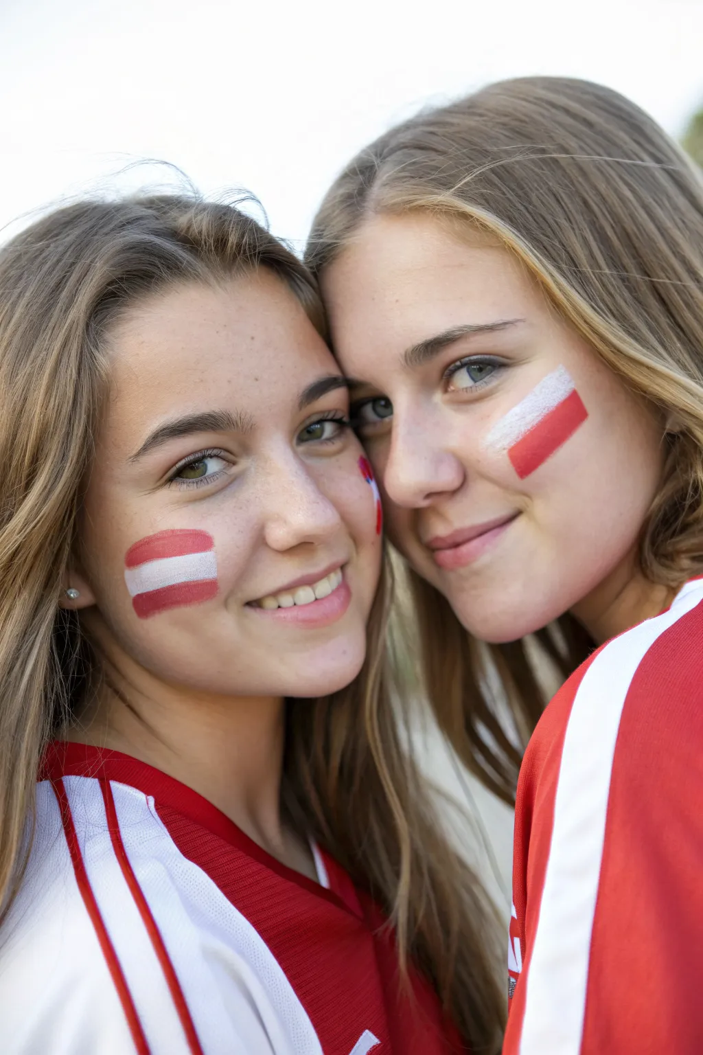Mirror-image football face paint for besties, bold team stripes in a clean minimalist setup