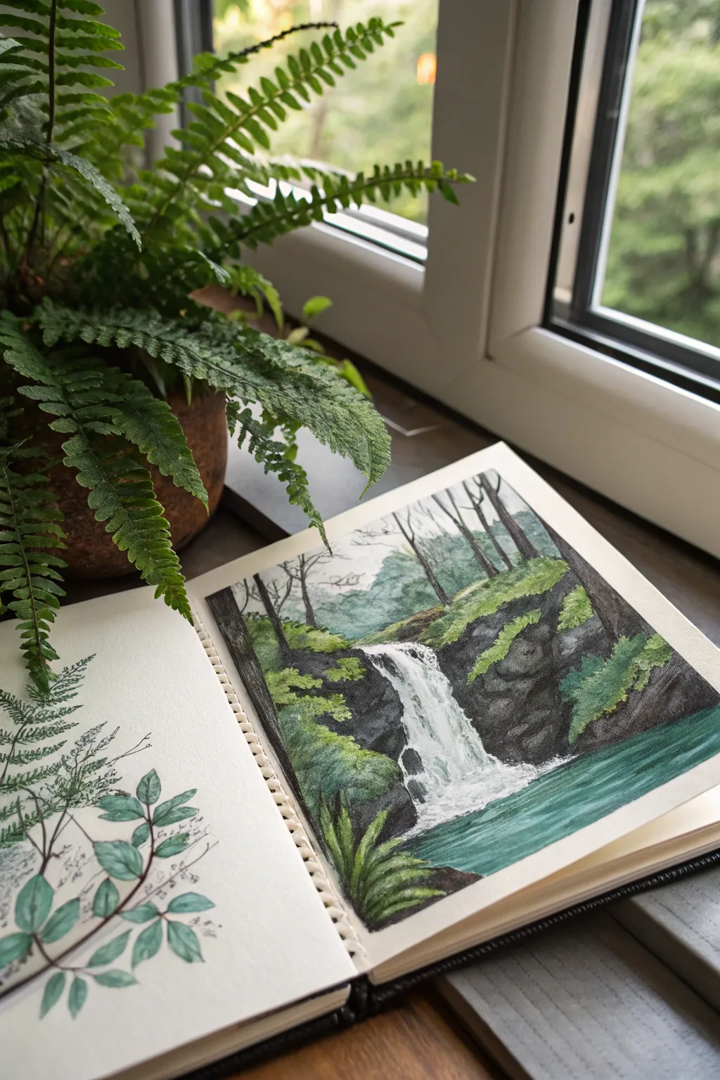 Forest waterfall drawing idea: bold spray, dark rocks, and fern frames in clean minimal style