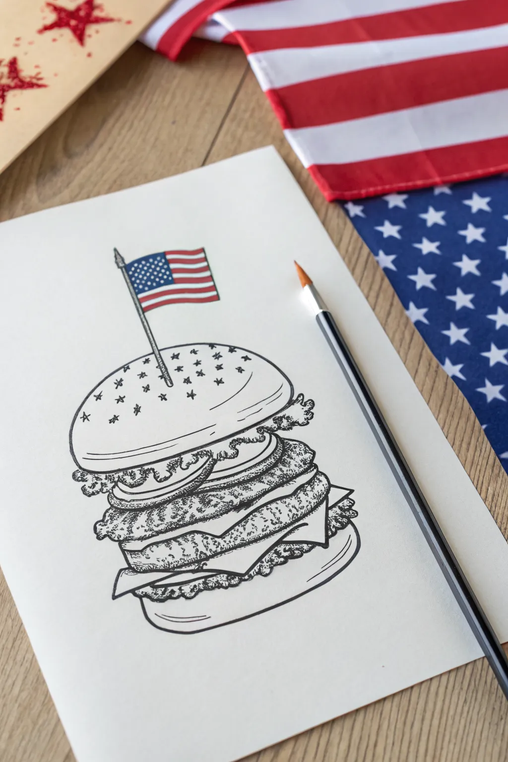 Bold Fourth of July burger doodle with a tiny flag, perfect for easy festive sketching.