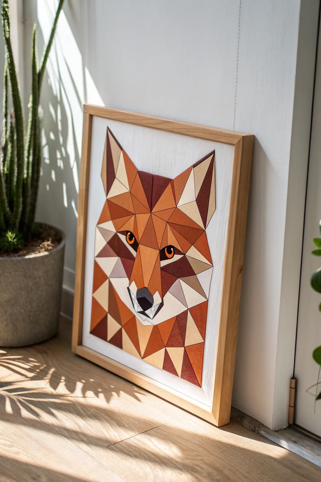 Geometric low-poly fox face in bold warm tones, perfect for a minimalist boho gallery wall.