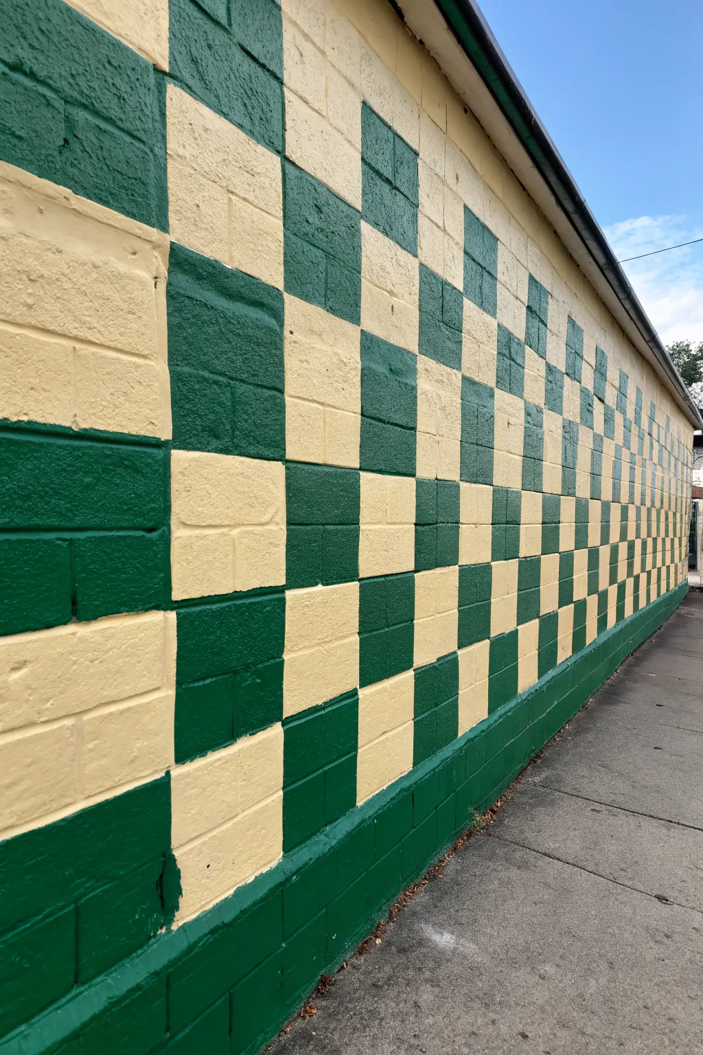Freehand wobbly checkerboard wall in emerald and ivory for a bold retro, boho-minimal statement.