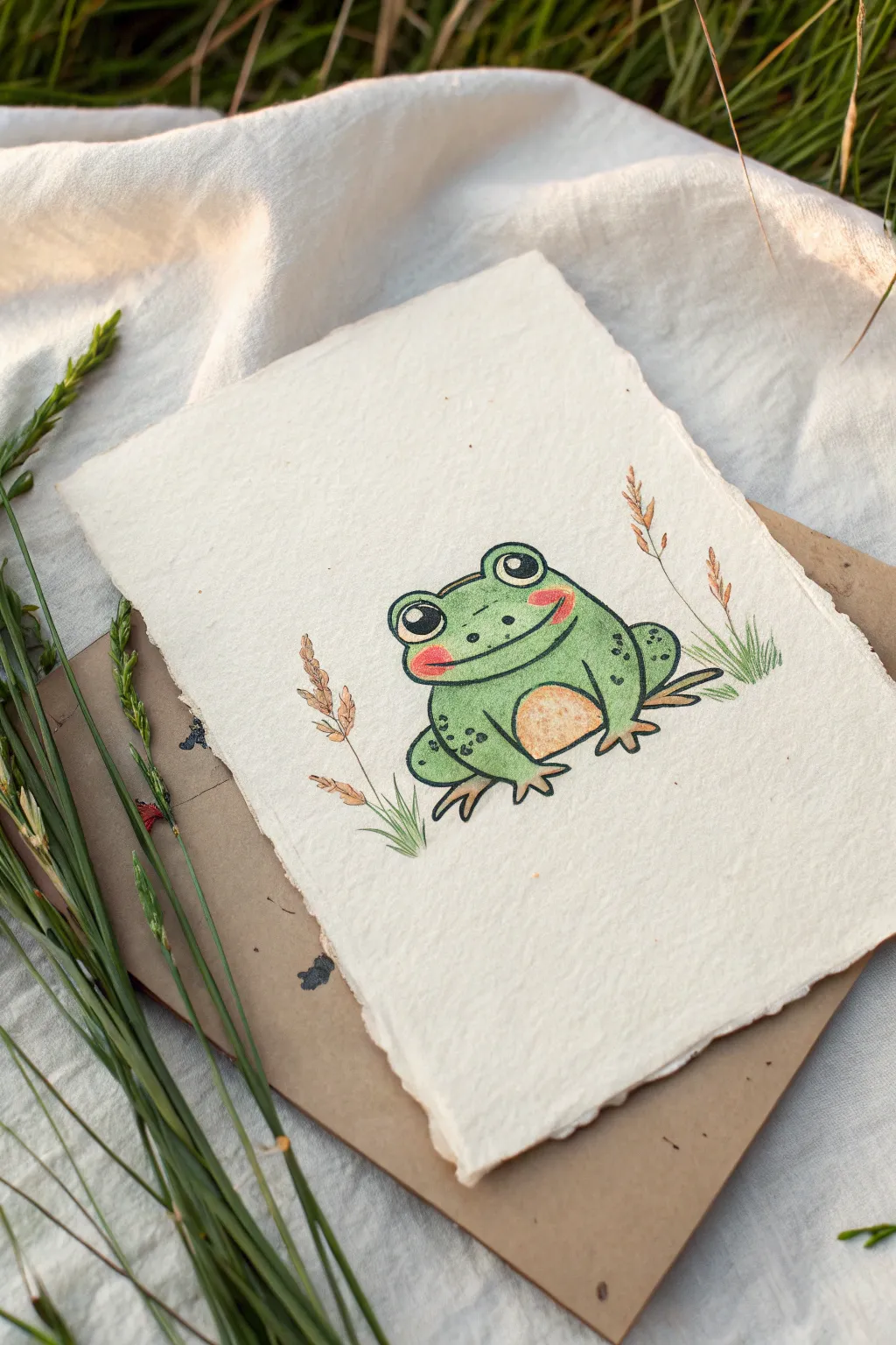 Chibi round frog drawing idea with bold color pops, minimal lines, and oversized cute eyes