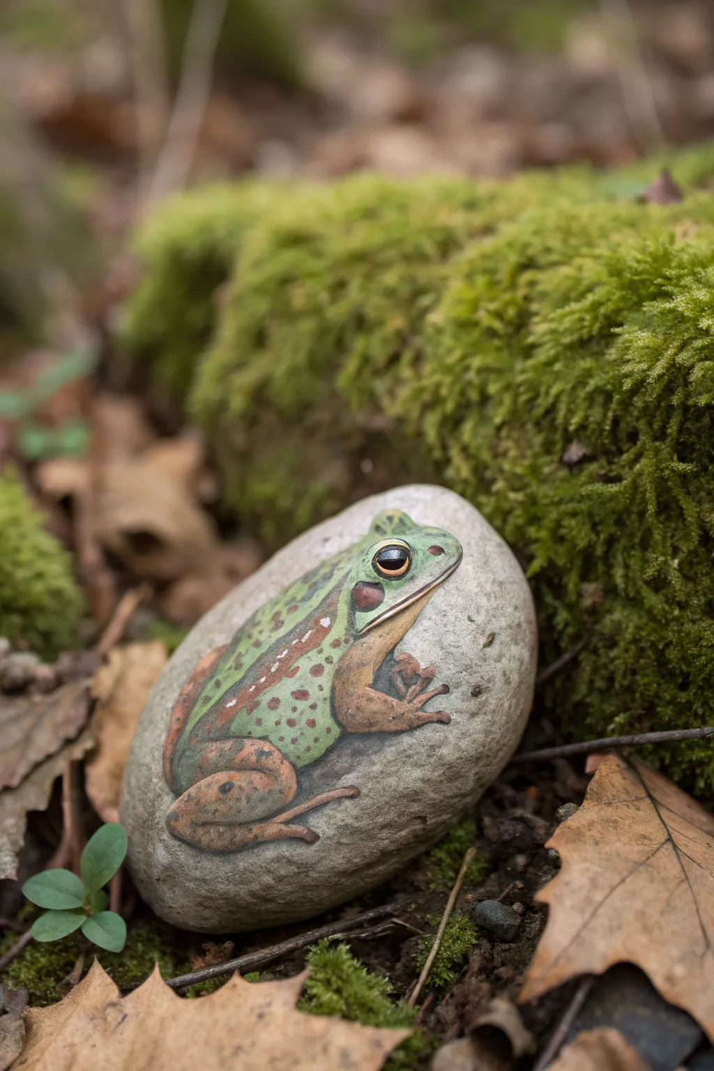Muted green and brown frog rock tucked into moss for a natural habitat look