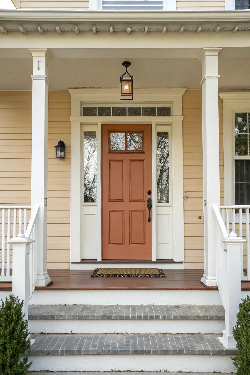 Two-tone trim frames the porch like art, letting a simple door color feel elevated and chic.