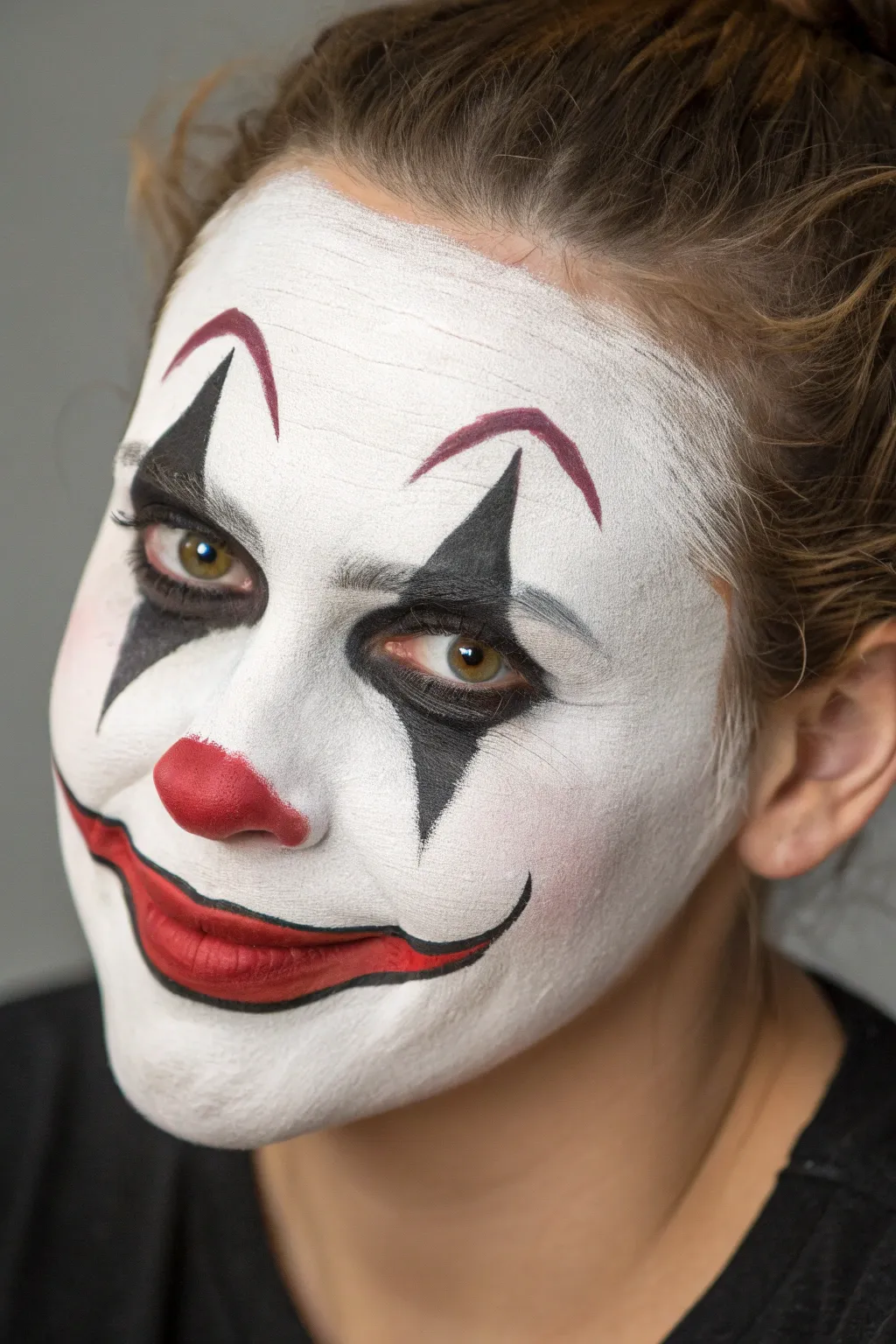 Creepy clown contrast mask with bold black linework and a striking crimson grin