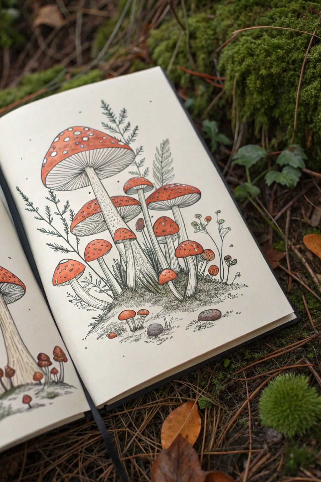 Mushroom jungle full-page drawing idea with tiny plants in every gap, cozy detail, bold contrast
