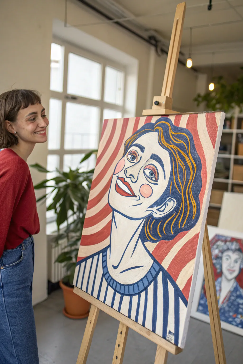 Funny acrylic self-portrait with huge eyes and bold lines on a clean minimalist background