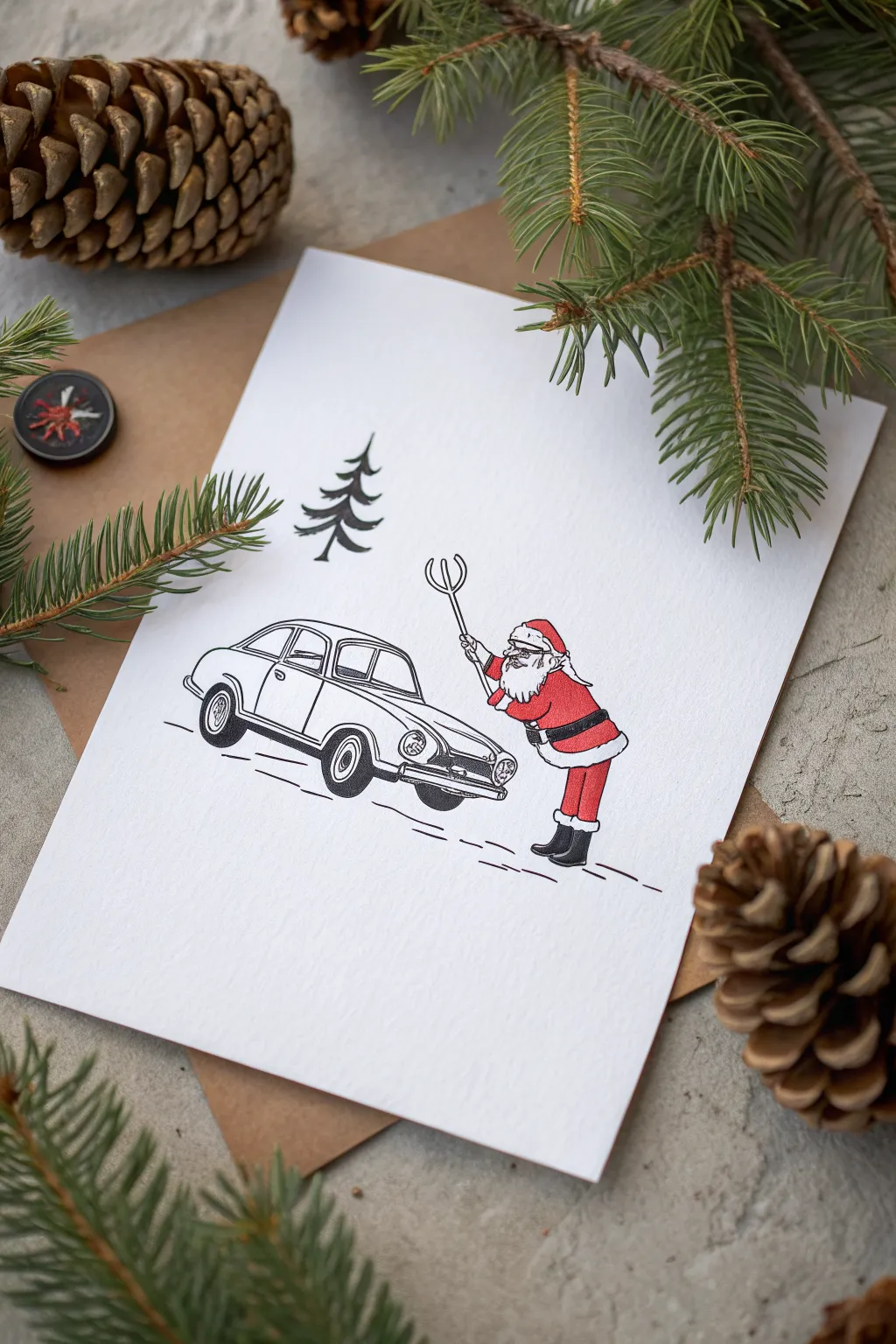 Funny Santa sleigh flat tire drawing idea in minimalist Nordic style with a bold boho pop