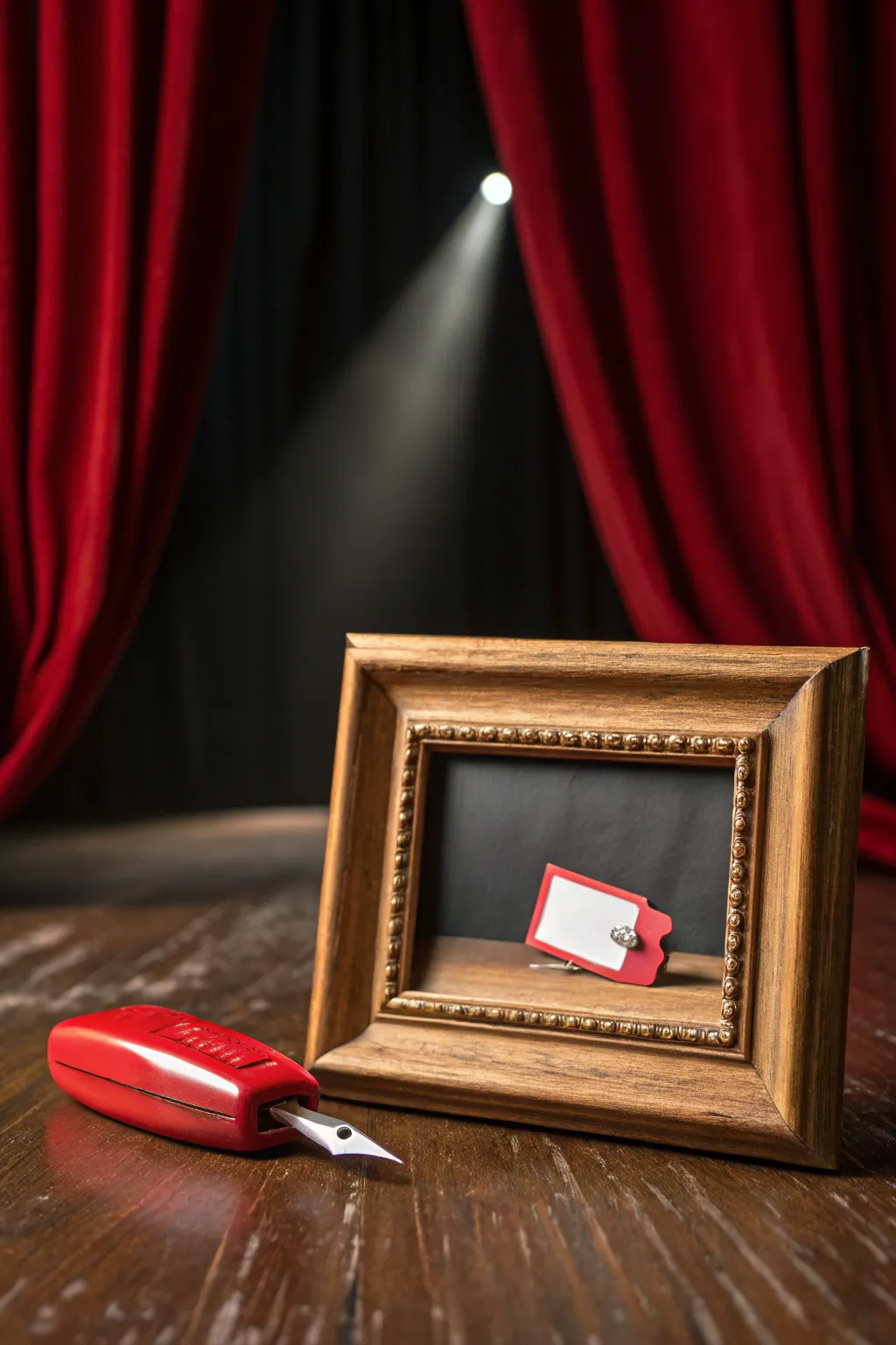 Tiny dramatic stapler painting with a single tear, minimalist frame, bold colors, big feelings.