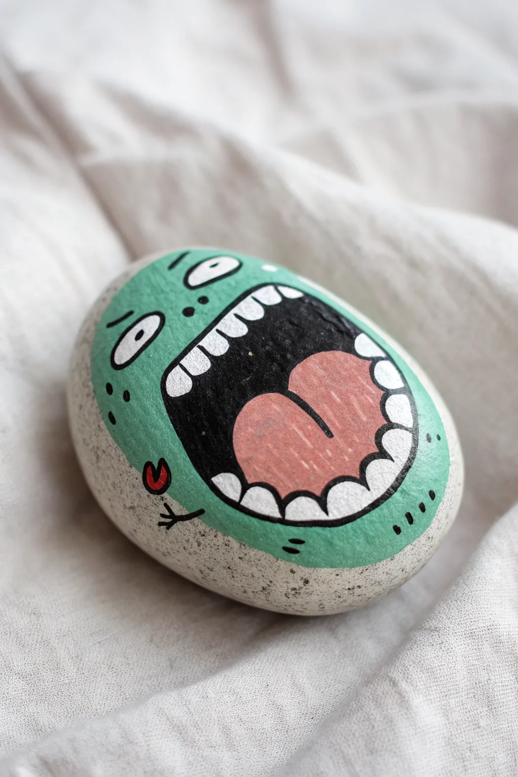 A cheeky snack attack rock: bold mouth, dangling worm, minimalist boho craft vibes