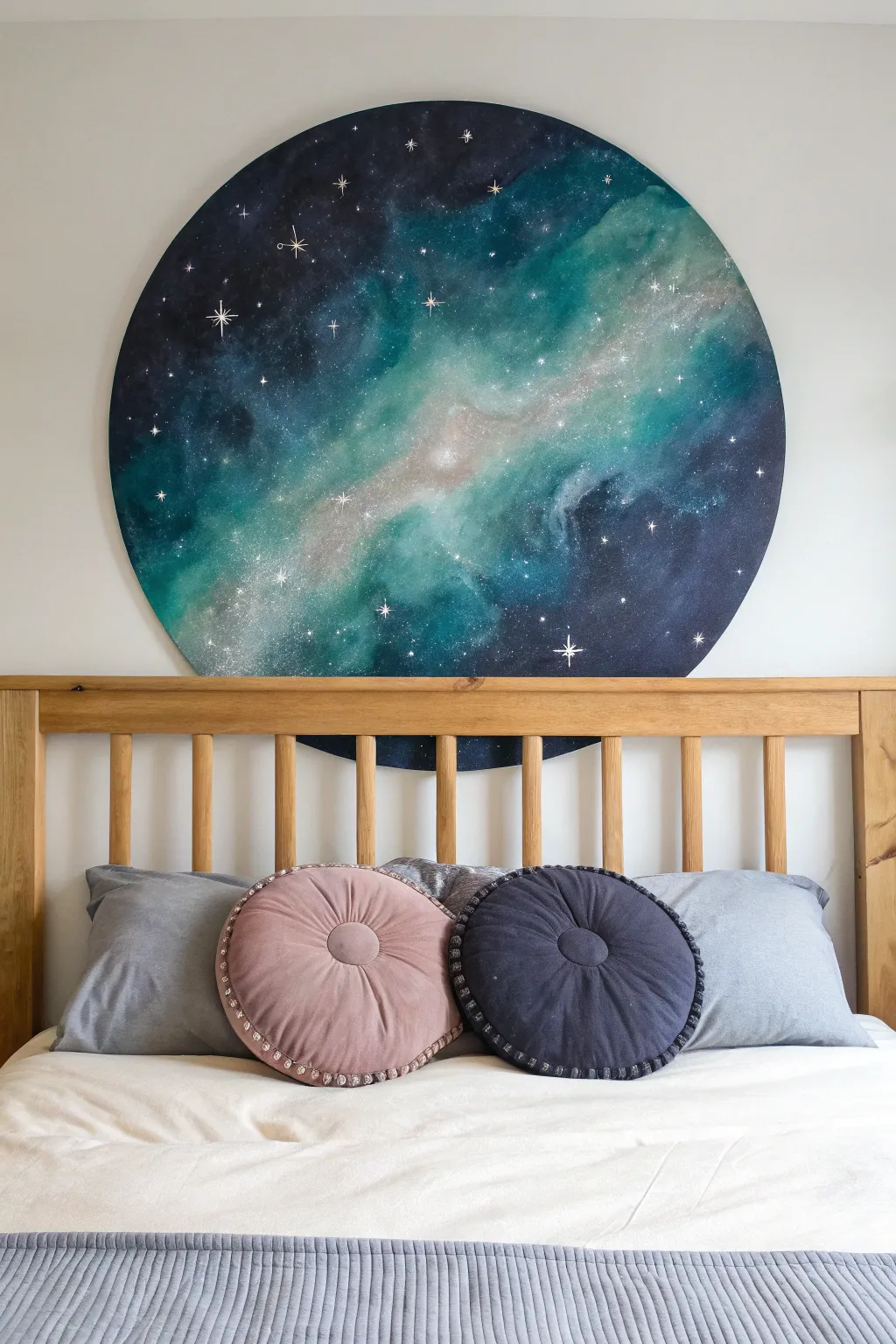 A dreamy nebula halo behind the headboard, glowing from soft light to deep stardust night.