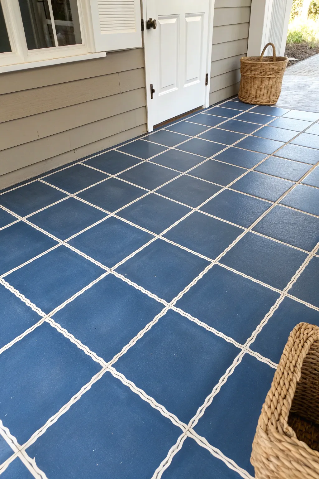 Oversized painted tile grid with crisp faux grout for a chic, durable garage floor makeover