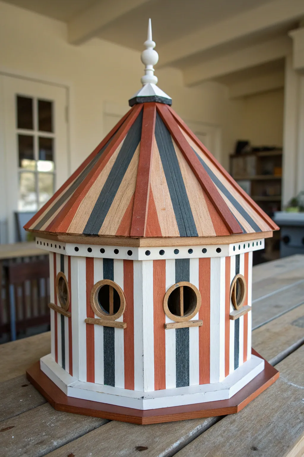 Crisp vertical stripes make this gazebo birdhouse look graphic, modern, and beautifully handmade.