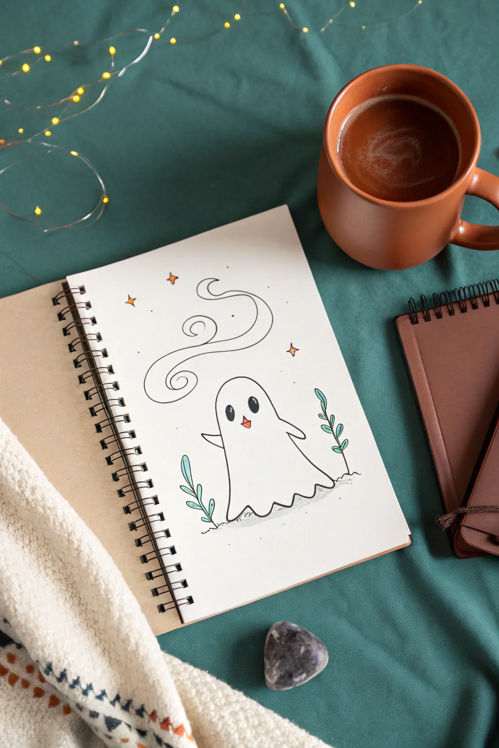 Cozy ghost sketch with a warm mug and gentle steam swirls in minimalist boho style.