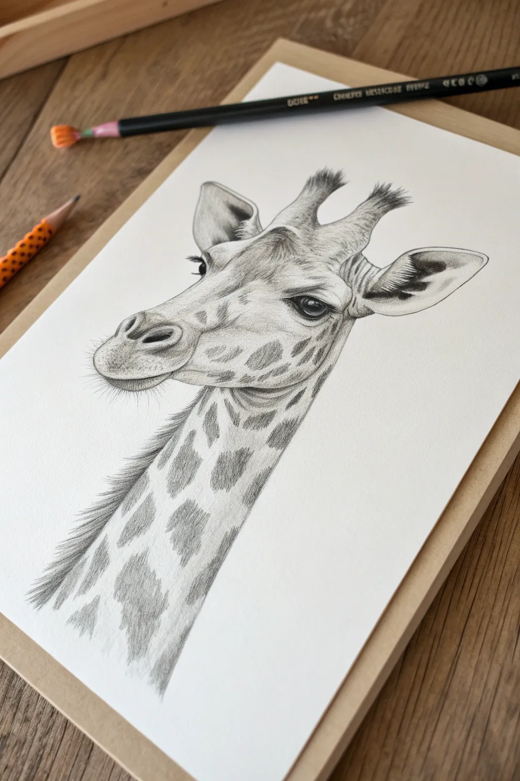 Pencil-sketched giraffe with detailed spots and lashes, perfect minimalist art practice.