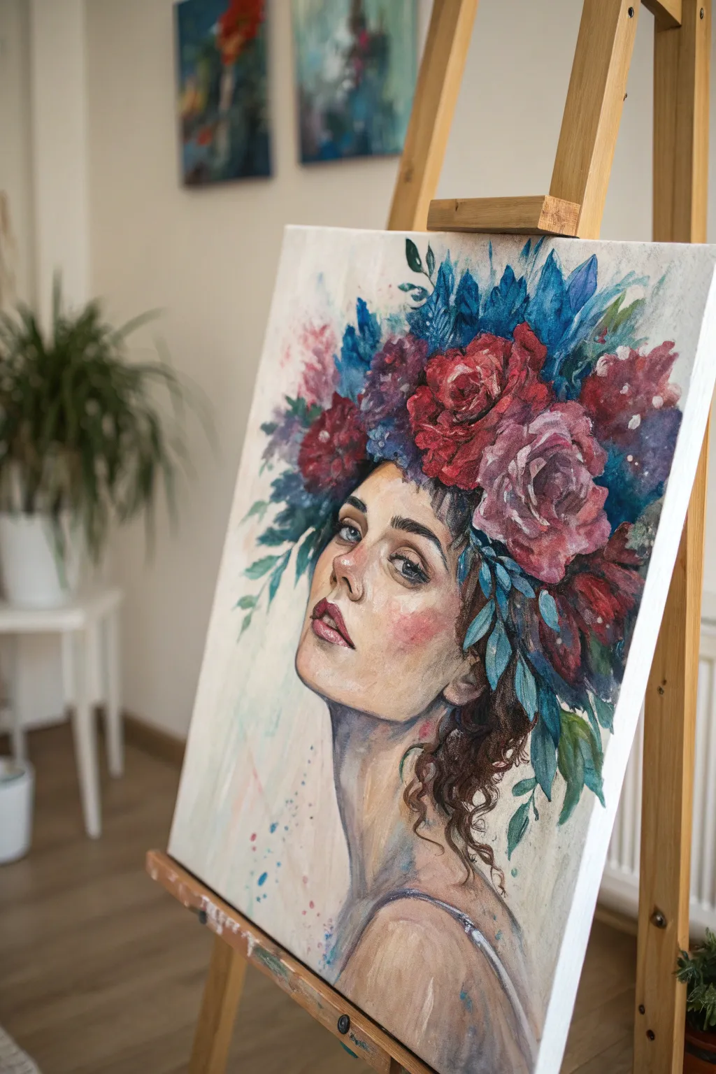 Bold abstract floral crown portrait, Scandinavian minimal backdrop, boho color pop on canvas