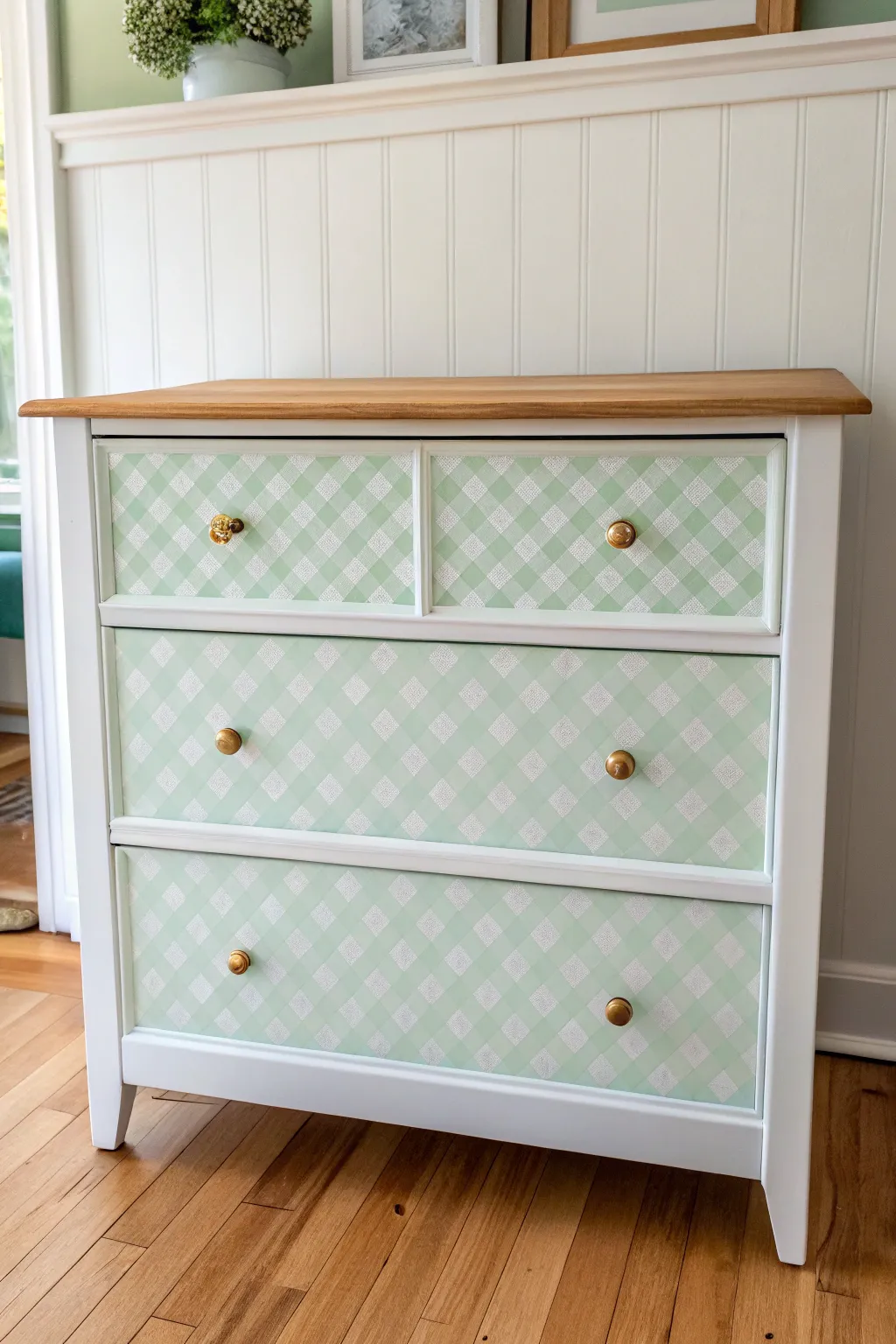 Soft sage gingham drawers on a clean white dresser, Scandinavian minimal with boho charm